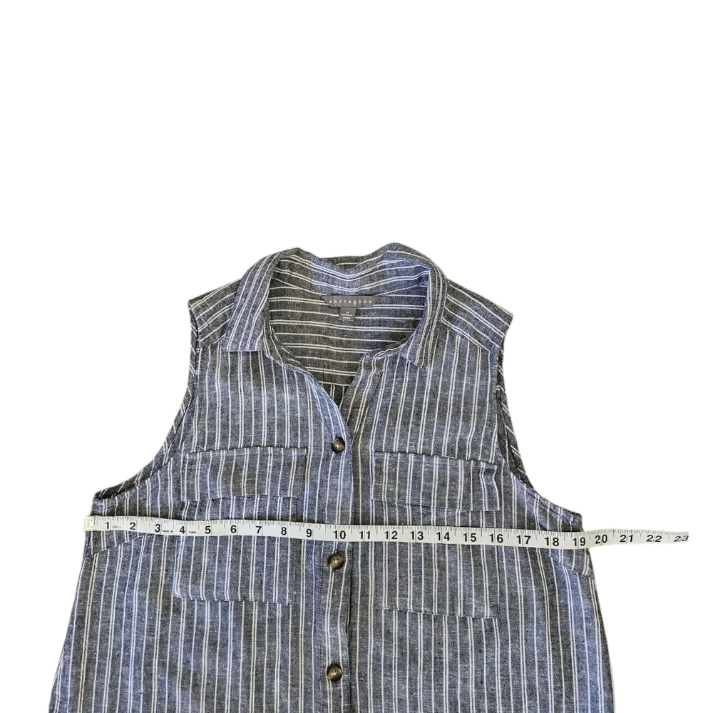 Sharagano Sleeveless Linen Blend Striped Top Size M Button Up High Low - Picture 7 of 13